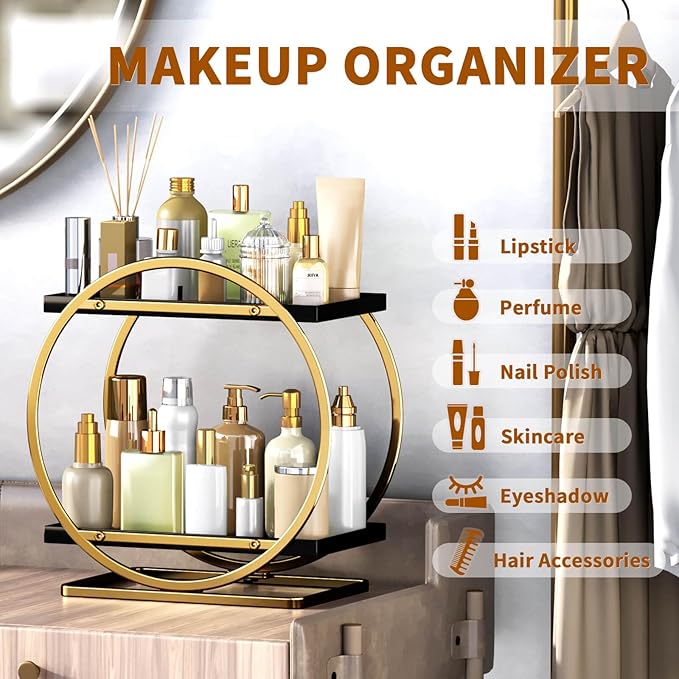 Makeup Organizer for Vanity, Black Gold Perfume Organizer for Dresser, 2-Tier Bathroom Countertop Organizers, Bathroom Counter Shelf Skincare Holder Perfume Tray Cosmetic Display