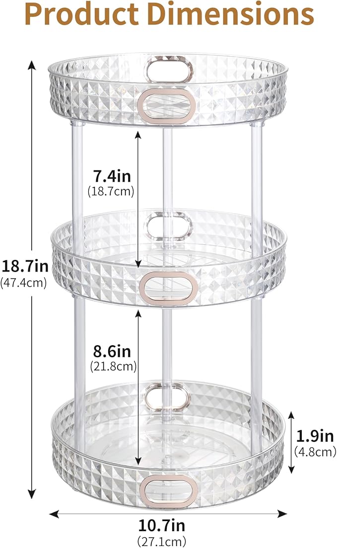 360 Rotating Makeup Organizer for Vanity, 3 Tier Diamond Pattern Perfume Organizer, 10.7" Large Capacity Lotion Skincare Organizer, Perfume Stand, Bathroom Countertop Organizer, Clear