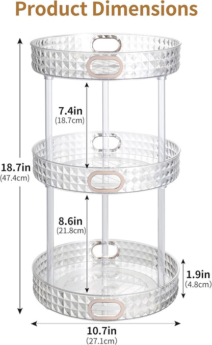 360 Rotating Makeup Organizer for Vanity, 3 Tier Diamond Pattern Perfume Organizer, 10.7" Large Capacity Lotion Skincare Organizer, Perfume Stand, Bathroom Countertop Organizer, Clear