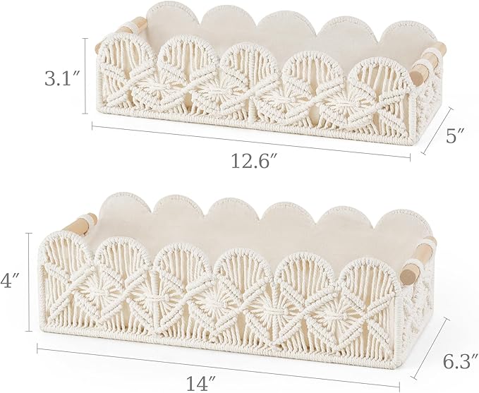 Mkono Macrame Storage Basket, Scalloped Edge Toilet Paper Basket Boho Woven Decor, Small Countertop Organizer with Handles for Shelf, Living Room, Bedroom, Home,Office, 2 Pack, Ivory