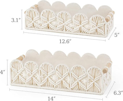 Mkono Macrame Storage Basket, Scalloped Edge Toilet Paper Basket Boho Woven Decor, Small Countertop Organizer with Handles for Shelf, Living Room, Bedroom, Home,Office, 2 Pack, Ivory