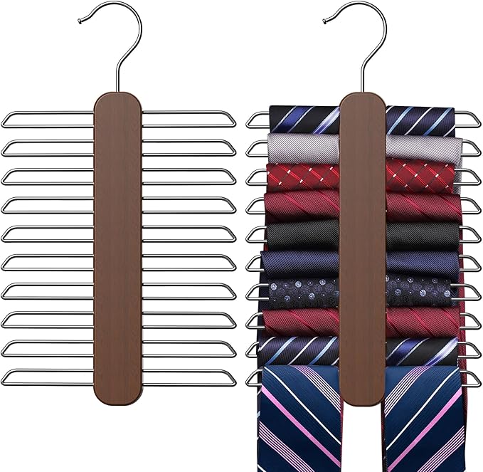 Tie Hanger 2 Pack, Rust Resistant Wooden Necktie Organizer with 360 Degree Rotation for Tie, Belt, Scarf Storage