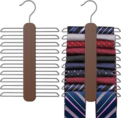 Tie Hanger 2 Pack, Rust Resistant Wooden Necktie Organizer with 360 Degree Rotation for Tie, Belt, Scarf Storage