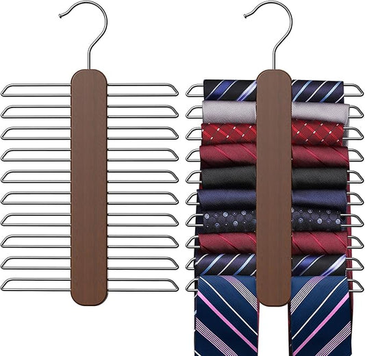 Tie Hanger 2 Pack, Rust Resistant Wooden Necktie Organizer with 360 Degree Rotation for Tie, Belt, Scarf Storage