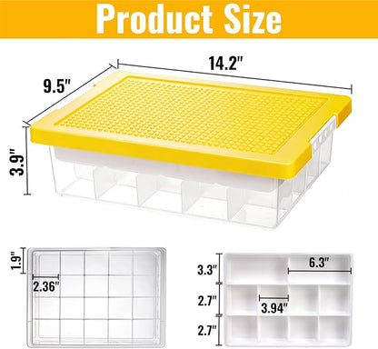 Building Block Organizer Bin, Plastic Double Layer Brick Storage Box with Building Baseplate, Stackable Art Crafts Container with Removable Divided Tray for Home, Office
