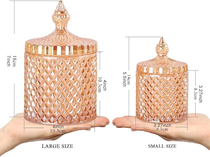 R FLORY 2 Pack Qtip Holder Glass Apothecary Jars with Lids Bathroom Storage Organizer for Cotton Swabs, Balls, Pads, Floss Picks, Vanity Storage Containers for Makeup, Candy, Jewelry (10+24oz, Amber)