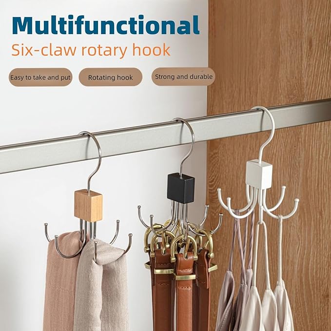 2Pcs Belt Hanger with Wood, 360° Rotatable Belt Organizer | Hold Up to 24 Belts – Hanging Holder Storage Hook for Belt, Bra, Tie, Scarf, Purse & Tank Tops
