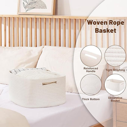 OIAHOMY Storage Basket for Shelves, Closet Cube Storage Bins Baskets for Clothes Blanket Towels, Baby Nursery, Toy Baskets Box, Woven Rope Basket, 17.72 * 12.99 * 7.87 IN, 2 Packs White