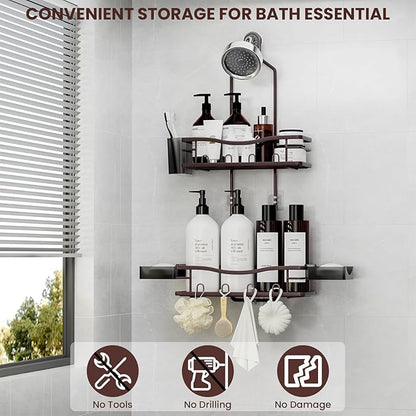 REINHARDT Shower Caddy Hanging, Rustproof Shower Caddy Anti-Swing Shower Organizer No Drilling Showers Racks with Soap Holder Multi Hooks Bathroom Storage for Shampoo Sponge, Bronze