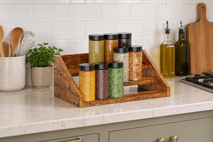3 Tier Wood Spice Rack Organizer for Cabinet, Super Sturdy Display Riser Shelf Seasoning Organizer for Countertop Pantry Cupboard, Retro Storage Holder for Kitchen Condiment Jar Spice Container