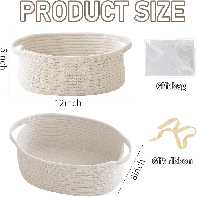 JMvicyroam Woven Basket,Small Rope Storage Bin with Handles & Ribbon Bag, Organizer for Shelves Closets,Gift Basket Empty for Birthday,Books,Dog Toys,White/2 Pack
