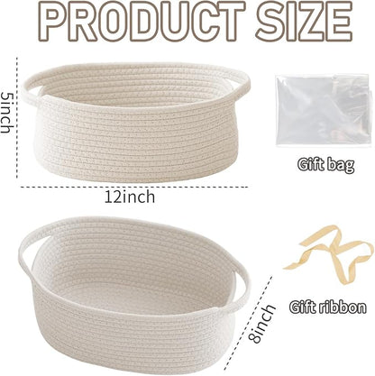 JMvicyroam Woven Basket,Small Rope Storage Bin with Handles & Ribbon Bag, Organizer for Shelves Closets,Gift Basket Empty for Birthday,Books,Dog Toys,White/2 Pack