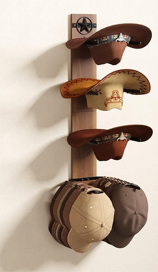 Hat Holder Rustic Wood Star Design – 2-Piece Organizer with Extra Wide Wooden Boards (12cm / 4.72"), 4-Hook Cowboy Hat Rack for Wall, Western Decor, Hat Storage Display Hanger
