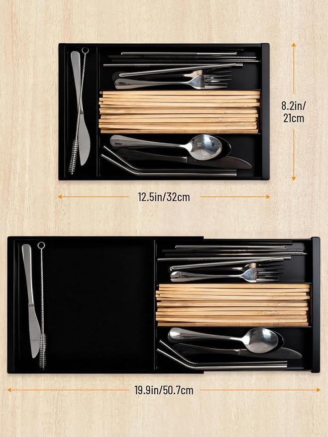 Silverware Drawer Organizer Tray, Adjustable Small Utensil Holder for Spoon and Fork, Expandable Flatware Cutlery Tray for Kitchen Drawers (Black)