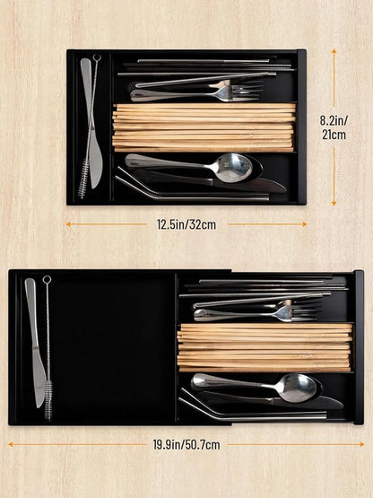 Silverware Drawer Organizer Tray, Adjustable Small Utensil Holder for Spoon and Fork, Expandable Flatware Cutlery Tray for Kitchen Drawers (Black)