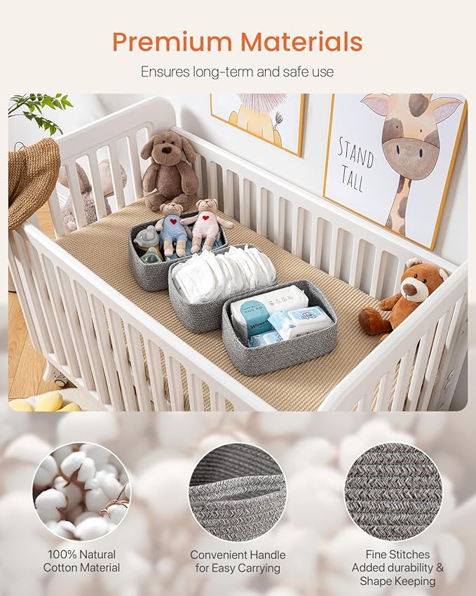 Small Woven Basket, 12 x 8 x 4.5 Inches, Storage Basket for Organizing, Cute Small Rope Shelf Closet Cube Storage Bins Baskets for Shelves, Dog Toy Gift Baskets Empty, 3 Packs, Mixed Grey