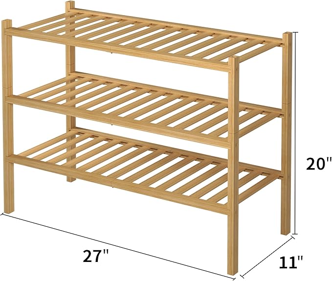 ROMGUAR CRAFT 3 Tier Bamboo Shoe Rack for Closet Free Standing Wood Shoe Shelf Storage Organizer for Entryway Small Space Stackable 27"x11"x20" (Natural)