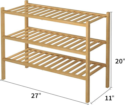 ROMGUAR CRAFT 3 Tier Bamboo Shoe Rack for Closet Free Standing Wood Shoe Shelf Storage Organizer for Entryway Small Space Stackable 27"x11"x20" (Natural)