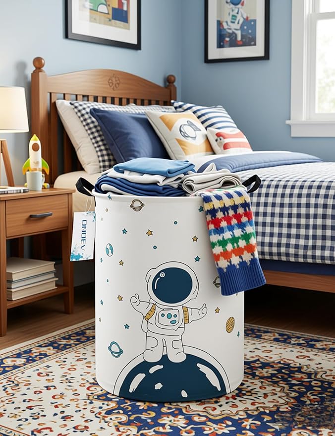 Round Space Astronaut Laundry Basket, Collapsible Laundry Hamper for Boys, Cute Galaxy Storage Bin, Waterproof Toy Storage for Kids Room, Nursery, Playroom, Boys Birthday Gift(Star astronaut)