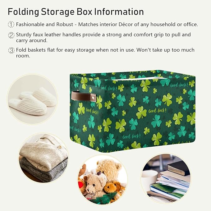 Bolaz Large Storage Basket St Patrick Day Shamrocks Clover Lucky Leaf Foldable Storage Box Organizer Bins with Handles for Bedroom Home Office