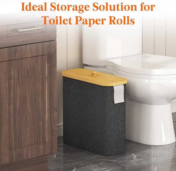 Lifewit Toilet Paper Storage Holder for 12 to 16 Rolls, Free Standing Toilet Paper Basket Stand with Bamboo Lid, Collapsible Fabric Bathroom Organizer Box for Mega Rolls, 30L, Extra Large, Dark Gray