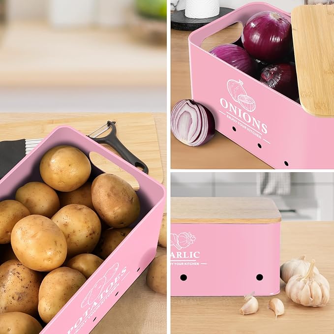 Kitchen Vegetable Storage Set of 3, Metal Onion Garlic Potato Storage Set, Kitchen Canisters Vegetable Keeper Containers with Aerating Holes and Wooden Lid (Pink)