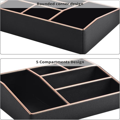 PU Leather Makeup Organizer Tray,Large Vanity Organizer,Cosmetic Storage Box for Lipstick Brushes Skincare Perfume,Cosmetic Display Case Rose Gold-trimmed for Dresser,Bathroom Countertop(Black)