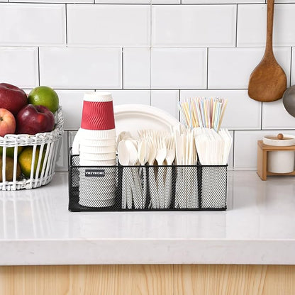 VIKEYHOME Paper Plate Organizer for Countertop, Metal Silverware Caddy with 6 Compartments for Cup, Napkin, Utensil Holder Caddy for Party, Camping, Picnic