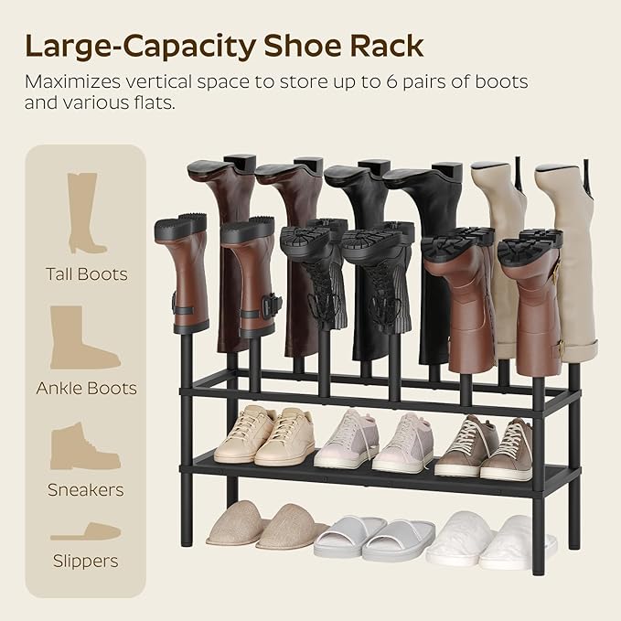 YATINEY Shoe and Boot Rack Organizer, Tall Boots Rack for Closet, Cowboy Shoes Storage, 3 Tier Shoe Racks Organizer Holds 10 Pairs, Black SS09BBY1