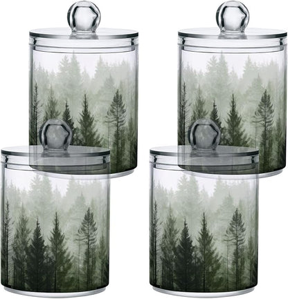 Qilmy Pine Trees Qtip Holder 2 Pack, 14 oz Apothecary Jars Bathroom Vanity Organizer Canister for Qtips, Cotton Swabs, Cotton Balls, Cosmetic Pads, Flossers, Bath Salts