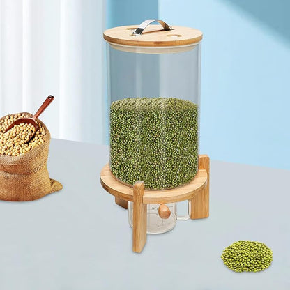 Glass Rice Dispenser with Wooden Stand, 1.98Gal Rice Storage Container Cereal containers Storage Cereal Dispenser for Kitchen Organization & Pantry Store Airtight Lid Manual Switch (7.5L)