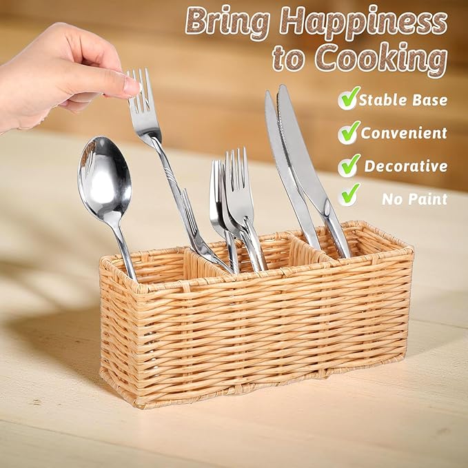 Ptwola Wicker Flatware Silverware Caddies Woven Kitchen Cutlery Organizer Utensil Holder Party Condiment Storage Carrier Basket for Table Countertop Holds Forks Knives Spoons Napkins