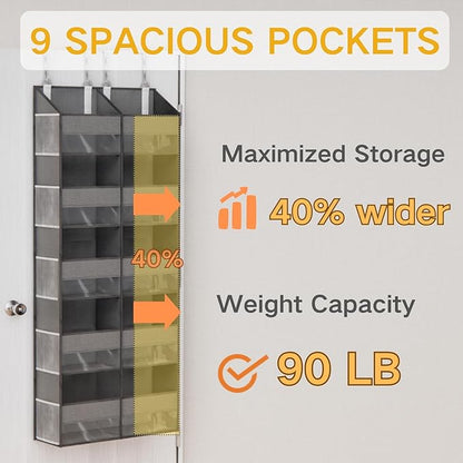 Over The Door Organizer with 5 Shelves, 9 Compartments + 10 Side Pockets, 90+ lbs Weight Capacity, Heavy-Duty Behind the Door Organizer Hanging Closet Organizer and Storage for Room Essentials (Grey)