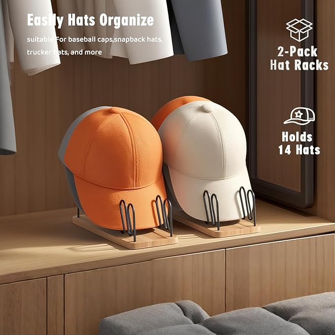 UdoUto Hat Organizer for Baseball Caps-2 PacK | Wood & Metal Hat Rack Holds 14 for Baseball Caps | Space-Saving Closet Shelf Organizer for Bedroom, Dresser, Entryway