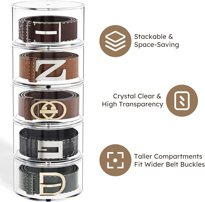 FEMELI Belt Organizer, Acrylic Belt Storage Holder for Closet & Drawer, 4-Layers Stackable Display Case for Belts, Watches, Jewelry and Ties