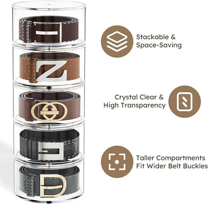 FEMELI Belt Organizer, Acrylic Belt Storage Holder for Closet & Drawer, 4-Layers Stackable Display Case for Belts, Watches, Jewelry and Ties