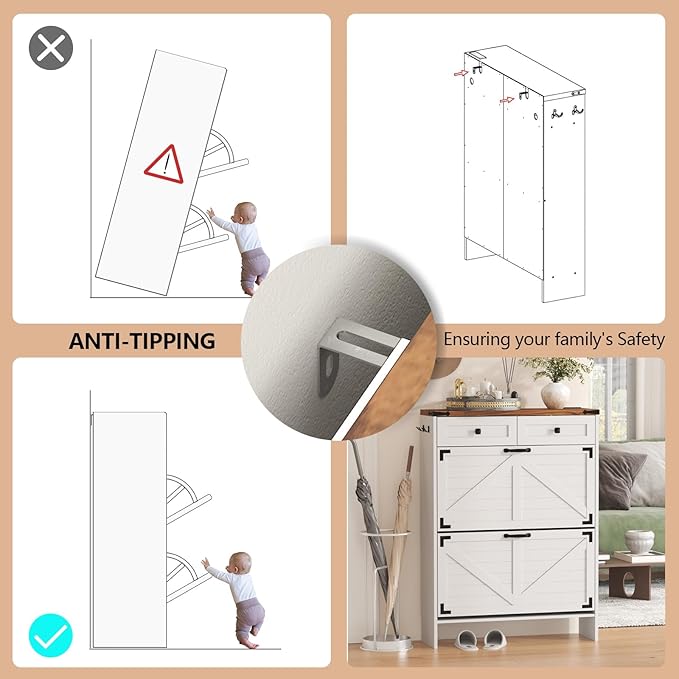 Shoe Storage Cabinet with Deodorizing Function, Farmhouse Narrow Hidden Shoe Rack Organizer Cabinet with 2 Flip Drawers & 2 Storage Drawers for Entryway, Hallway, Living Room, White
