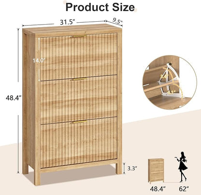 YOMILUVE Shoe Cabinet Storage for Entryway, Fluted Shoe Cabinet with 3 Flip Drawers, Hidden Shoe Rack Tall Freestanding Shoe Organizer with Legs for Hallway, Oak