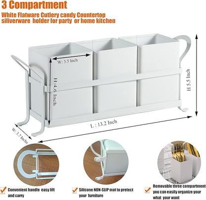 NelyBet White Metal Utensil Caddy, 3 Compartments, Portable Design, Perfect for Countertop, Outdoor, and Camping