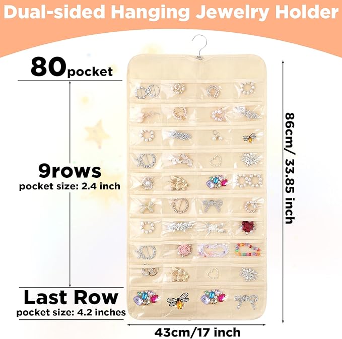 4 Pcs hanging jewelry organizer with 80 Pockets jewelry organizers and storage hanging earring organizer for travel Dual Sided over the door Holder Closet for Necklace Bracelet Ring