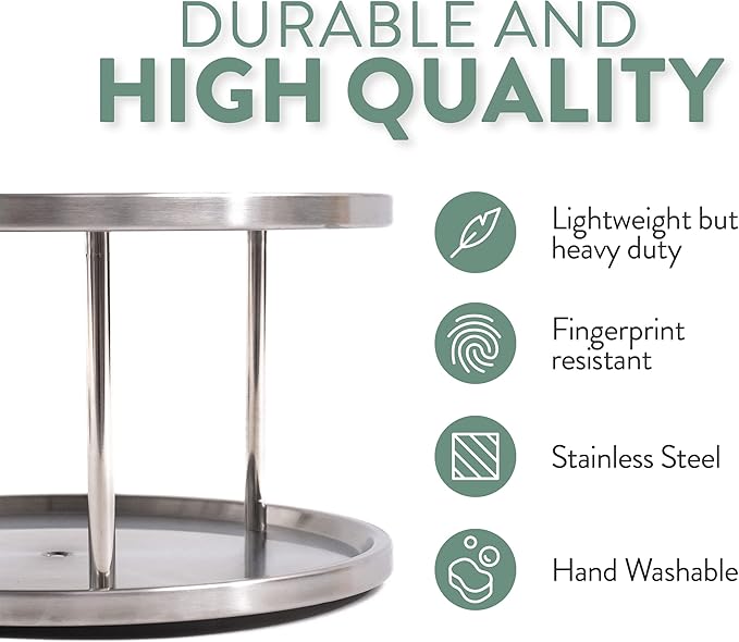 Estilo Stainless Steel 2-Tier Spice Rack Lazy Susan Organizer | 360-Degree Racks for Inside Cabinets | Rotating/Spinning Storage | Food, Kitchen, Pantry, Medicine
