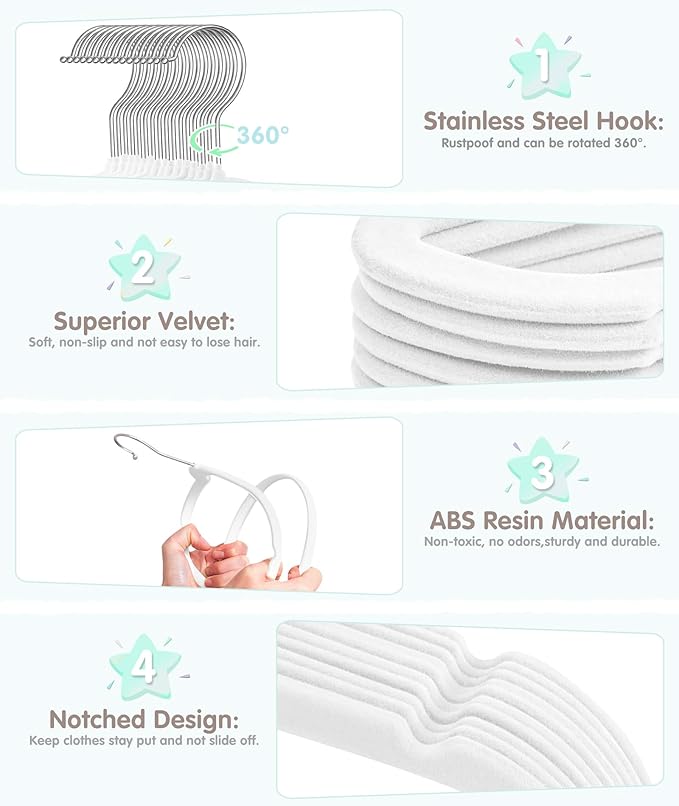 VIS'V Baby Hangers, 11 Inch Velvet Kids Hangers with 6 Pcs Clothes Size Dividers, Infant Toddler Nursery Closet Organization, Non Slip, White, 50 Pcs