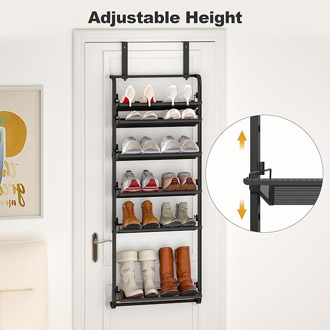 BUKFEN 6 Tier Adjustable Heavy Duty Metal Shoe Rack, Door Hanging and Wall Mount Organizer for Closet, Bedroom, Entryway, Laundry, Apartment, Small Spaces, Space Saving Solution for Busy Homes