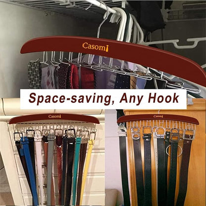 Tie Rack,24 Hook Tie Holder,360° Rotating,Foldable Metal Hooks,Tie Hanger Organizer for Closet Wooden Belt Storage Rack for Men Ties Belts Scarves Accessories(Red Brown)