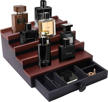 Cologne Organizer for Men - 4 Tier Walnut Black Wooden Cologne Display Stand with Drawer and Hidden Compartment, Mens Cologne Holder Shelf for Organizing and Storing, Walnut Black