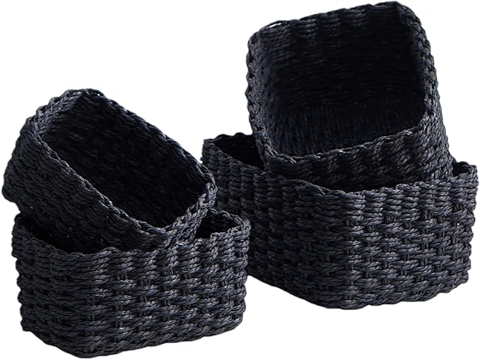 4PCS Woven Storage Baskets Set, Small Baskets for Organizing, Square Handwoven Paper Rope Organizer Bins for Shelves and Home Storage (Black)