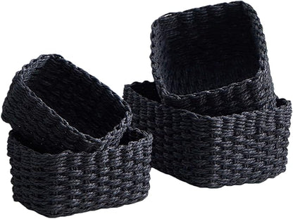 4PCS Woven Storage Baskets Set, Small Baskets for Organizing, Square Handwoven Paper Rope Organizer Bins for Shelves and Home Storage (Black)