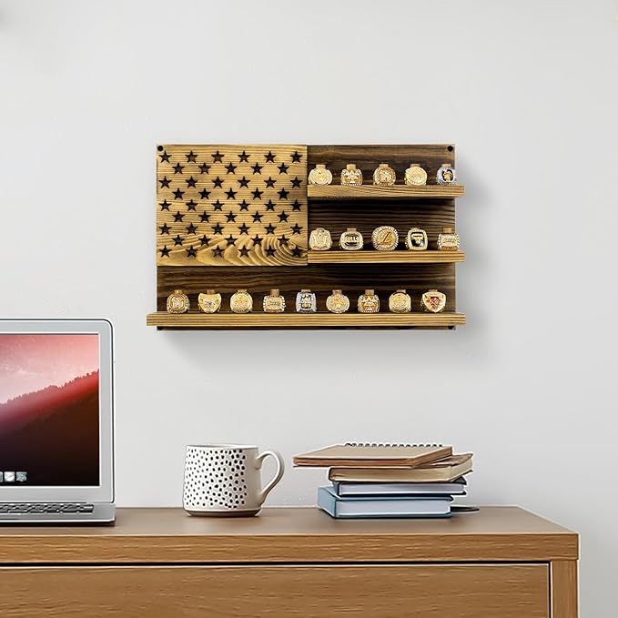 MyGift 2 Tier Wall Mounted Rustic Burnt Solid Wood Sports Championship Ring Holder with Basketball Cutout Backing, Jewelry Storage Display with 12 Pegs (3 Tier Wall Mounted)