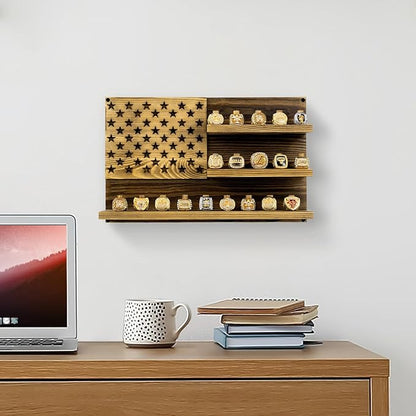 MyGift 2 Tier Wall Mounted Rustic Burnt Solid Wood Sports Championship Ring Holder with Basketball Cutout Backing, Jewelry Storage Display with 12 Pegs (3 Tier Wall Mounted)