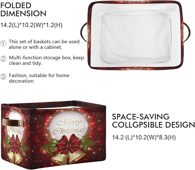 Red Bells Basket Decor Xmas Winter Holly Storage Bin Fabric Storage Box Cube with Handles Large Kids Toys Clothes Organizer for Nursery Bedroom